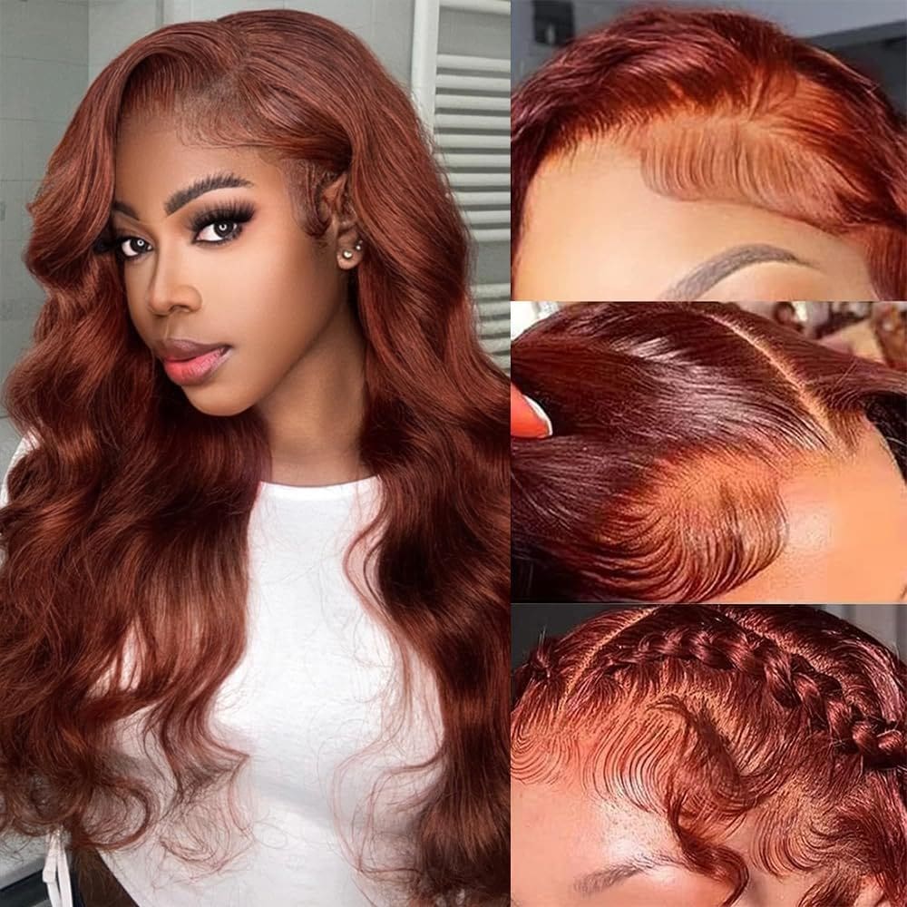Perucas frontais de renda KEKEYY, marrom avermelhado, cabelo humano de 20"