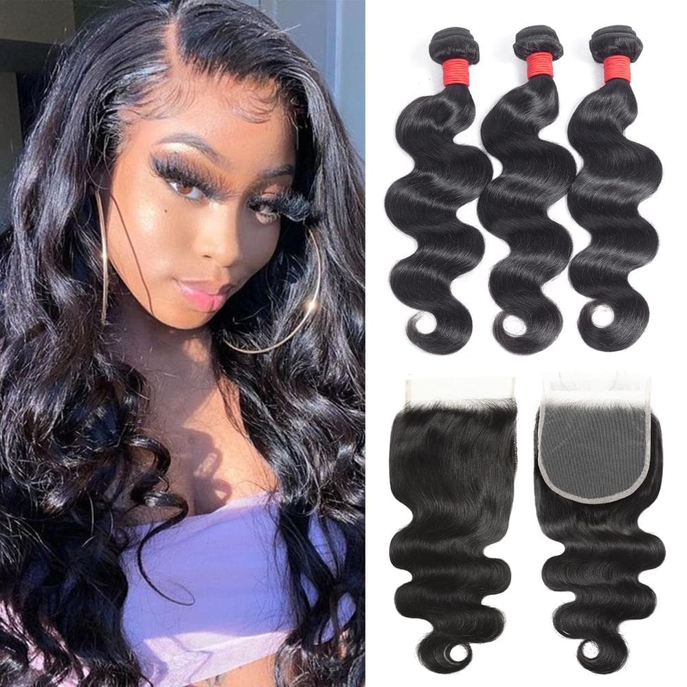 Peruca de cabelo humano FHGD Body Wave com fecho de 3 pacotes (16-20 cm)