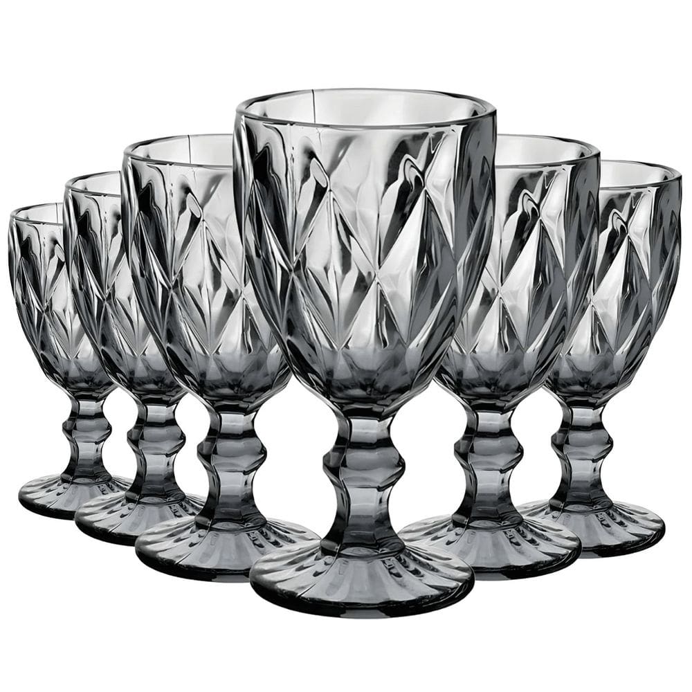 Jogo com 6 Taças Diamante de Vidro Fumê de Agua ou Suco 260ml