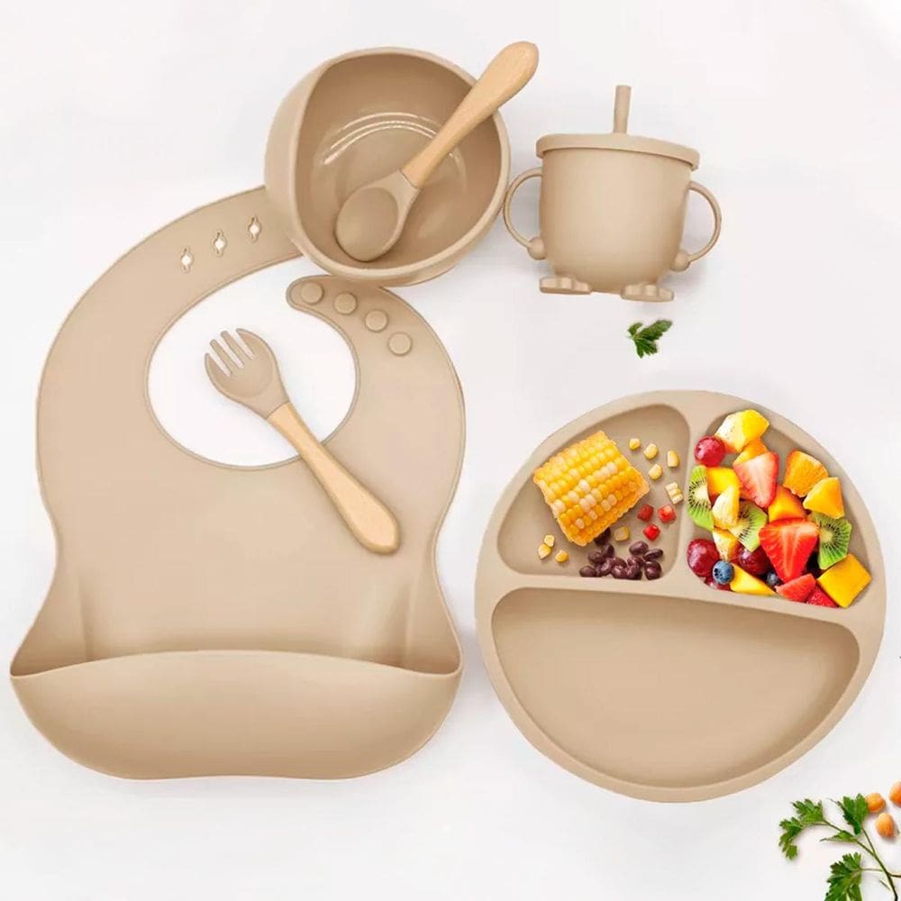 Prato Silicone Tigela Copinho Babador Kit Papinha Bebê