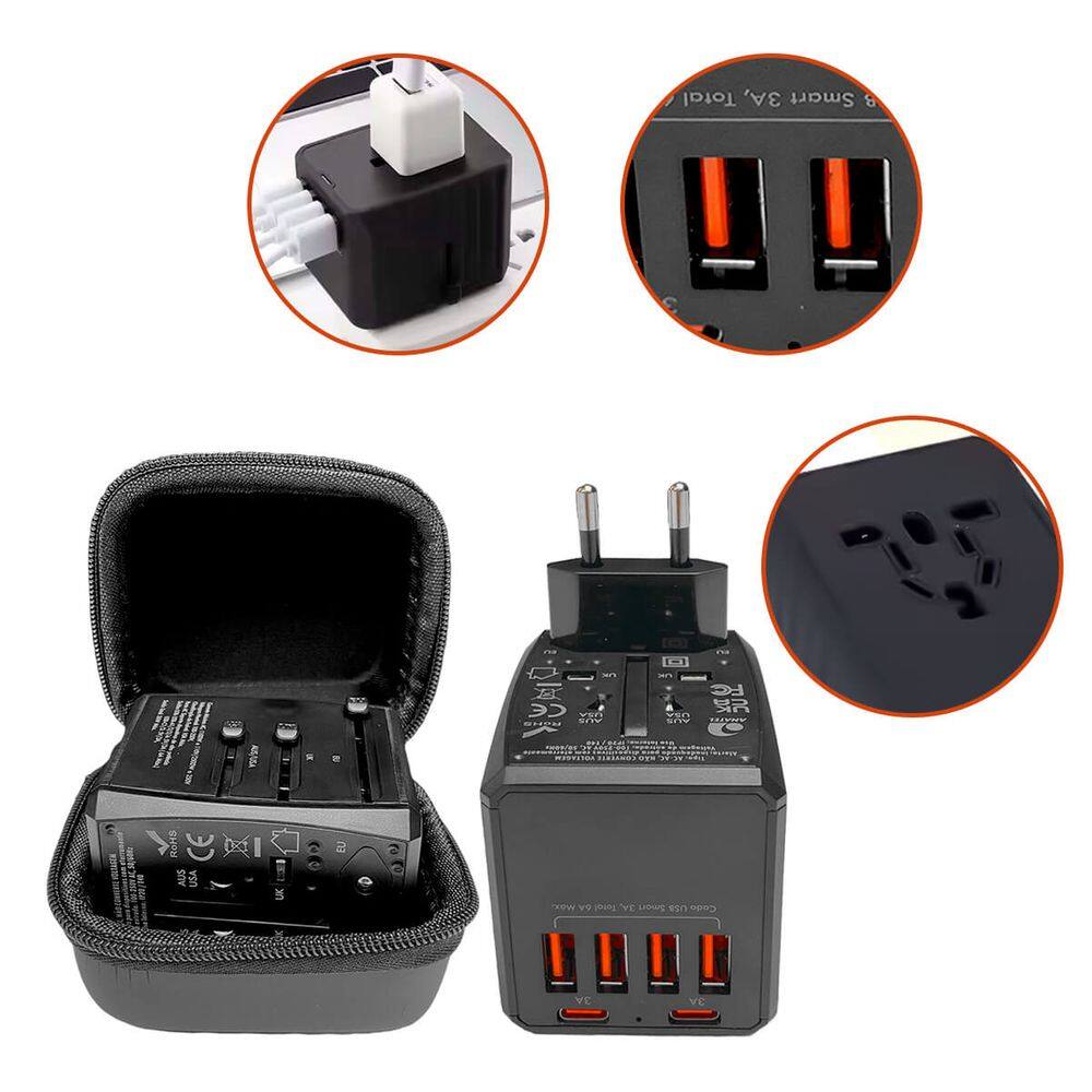Adaptador Universal de Viagem Internacional 4 USB e 2 USB-C