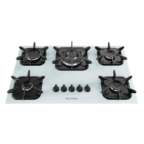 imagem-Cooktop à Gás Mueller 5 bocas Tripla Chama Mesa Vidro Branco - Bivolt