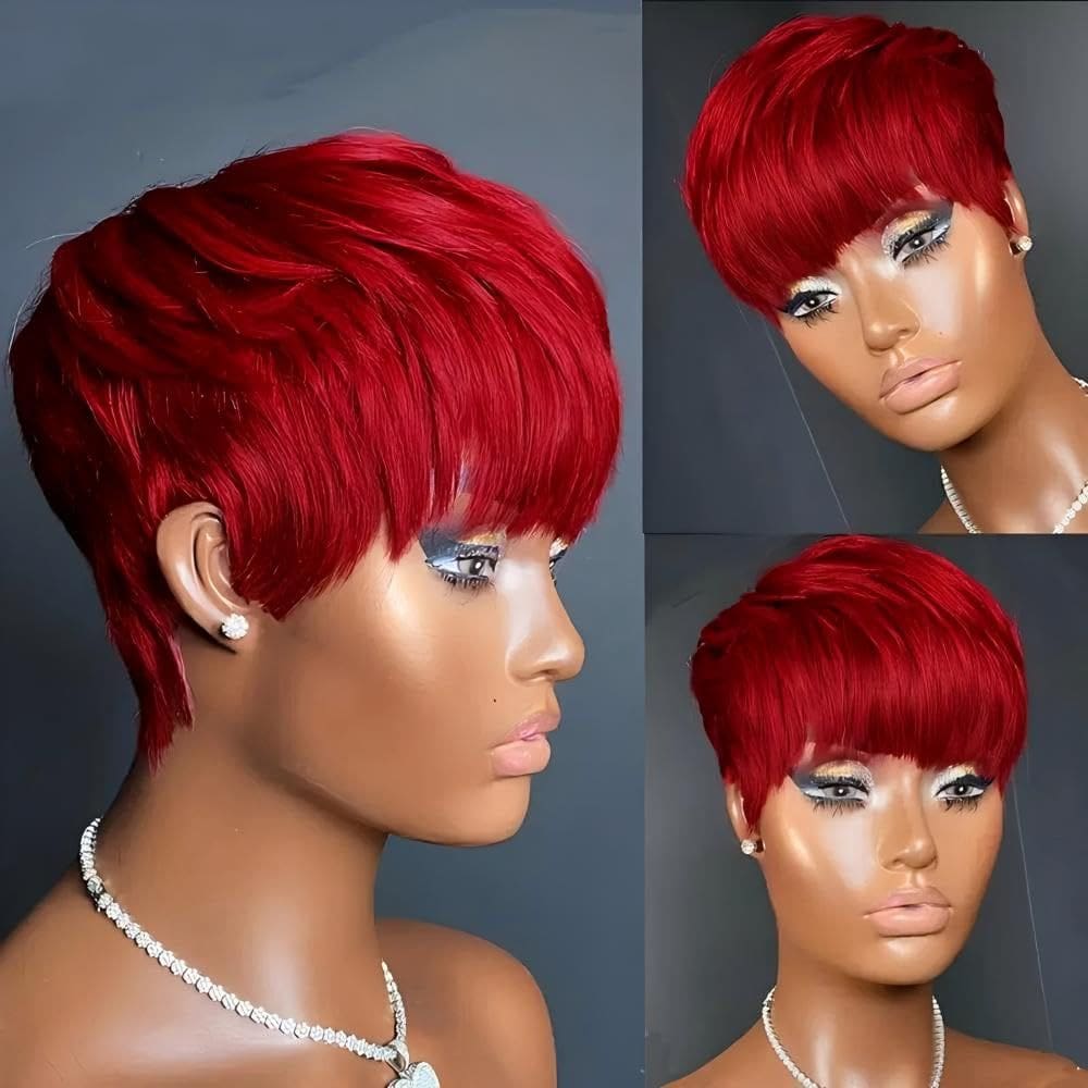 Peruca Bulapla Pixie Cut Bob com franja 100% cabelo humano vermelho