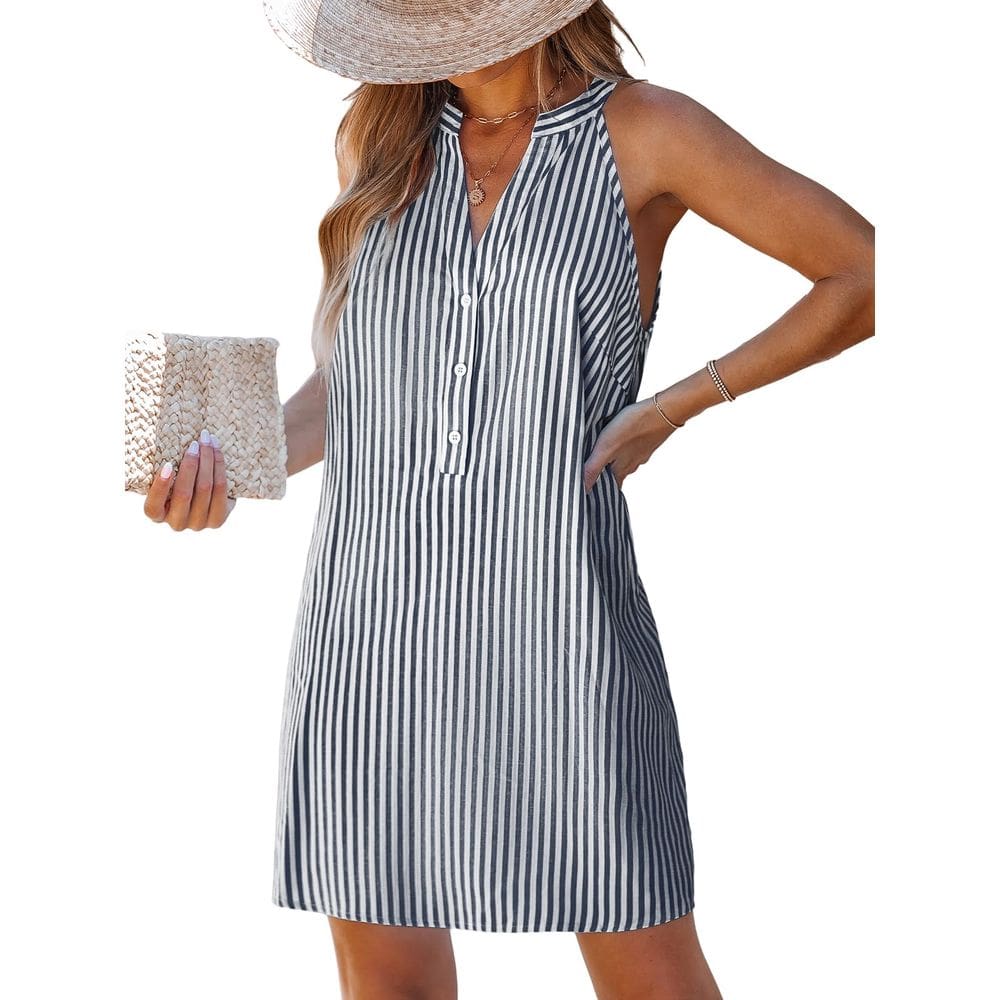 Minivestido de verão CUPSHE listrado A Line com decote em V azul marinho para mulheres