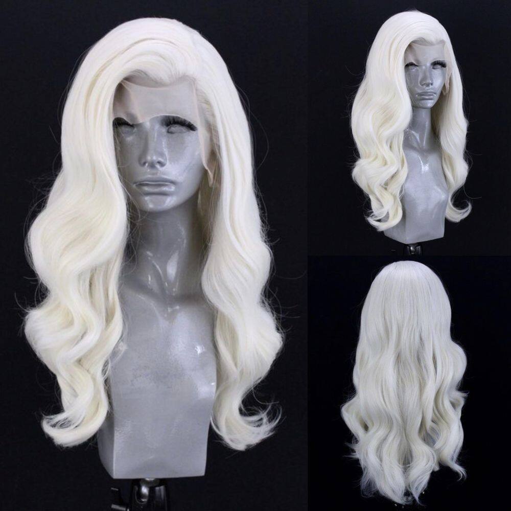 Peruca frontal de renda sintética WXHWCX White Blonde #60 60 cm de comprimento