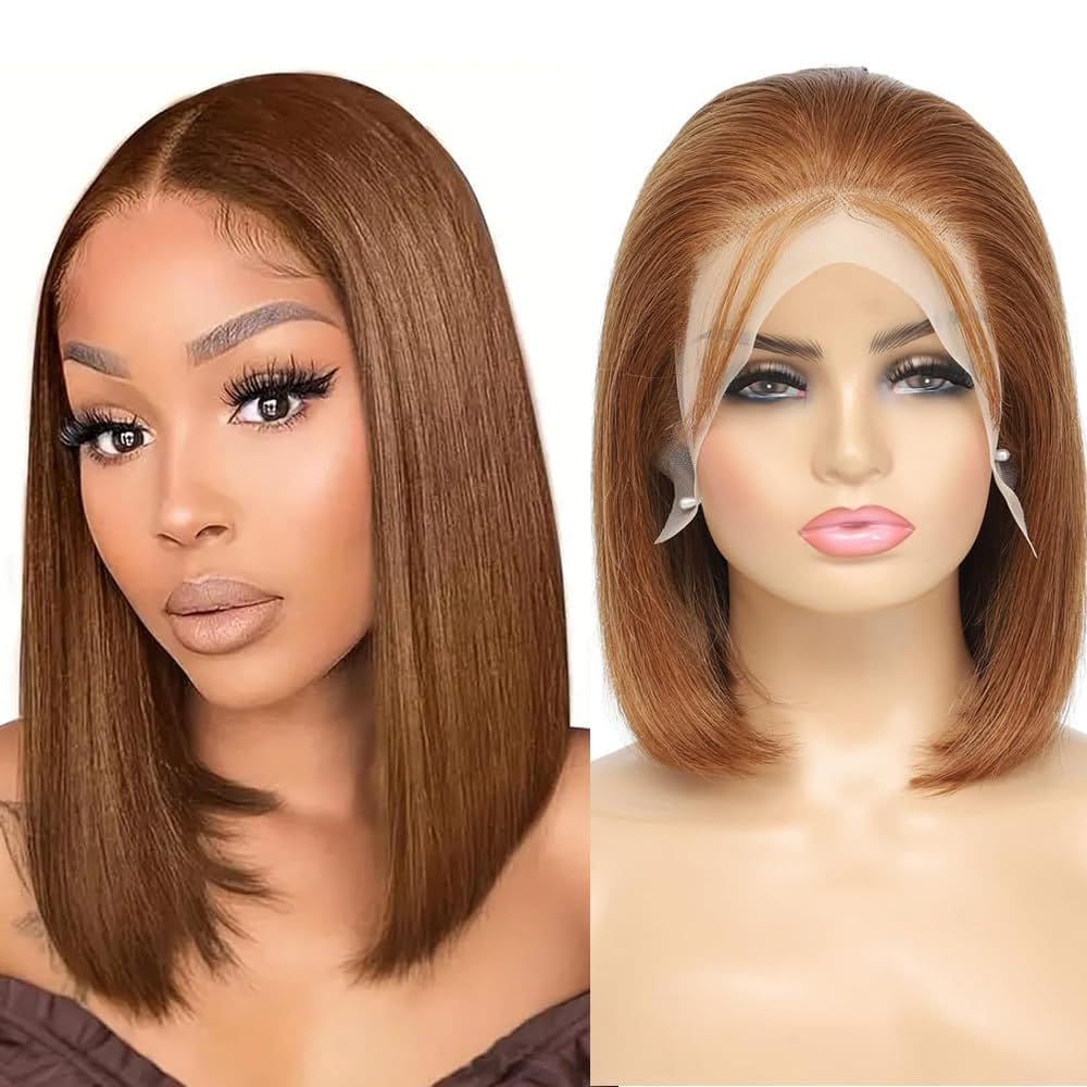 Peruca UTIDE Bob Chocolate Brown, cabelo humano reto, 25 cm