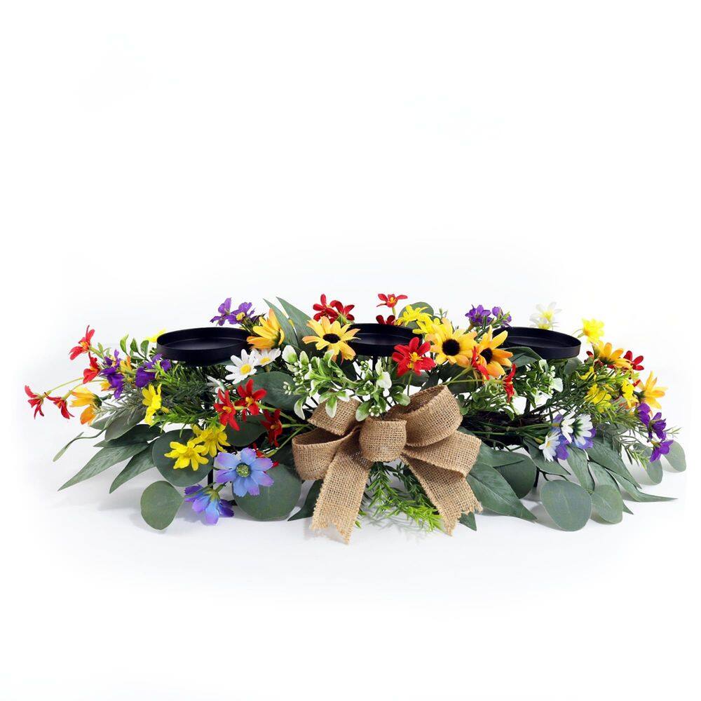 Castiçal Eksen de metal preto de 3 pilares com flores de seda