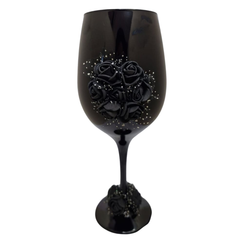Taça Vidro Preta Pomba Gira Rosas Pretas 490 ml + Presente