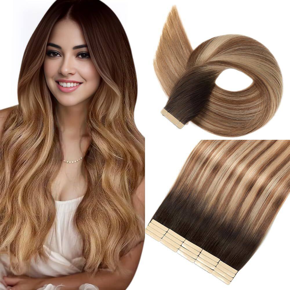 Fita adesiva em extensões de cabelo YNSNR Chestnut Brown to Dirty Blonde