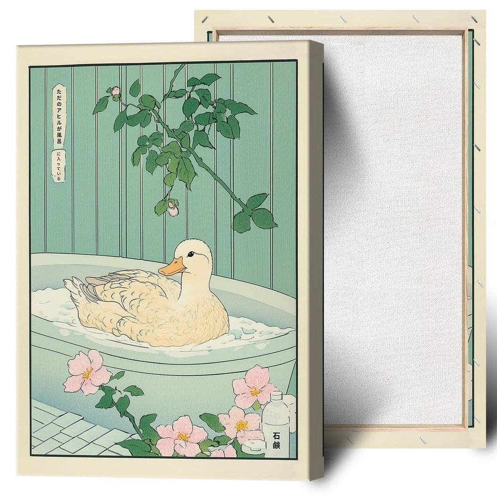 Pôster de arte de parede de pato japonês na banheira para decoração de casa