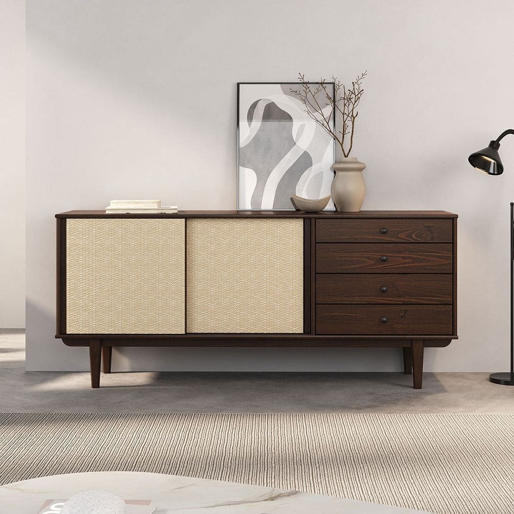Balcão Aparador Telinha Rattan Buffet 2 Portas 4Gav Madeira Cor Imbuia Simona