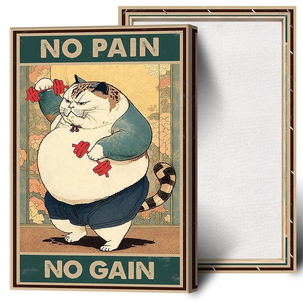 Pôster de arte de parede Funny Cat Workout Gym No Pain No Gain 40x60cm