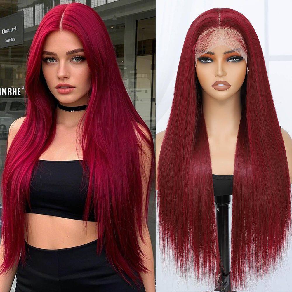 Peruca frontal de renda sintética Amarlis Burgundy 66cm para mulheres negras