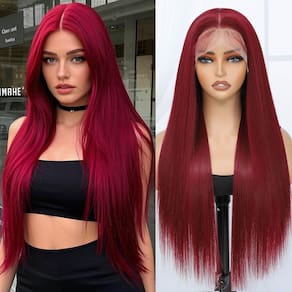 Peruca frontal de renda sintética Amarlis Burgundy 66cm para mulheres negras