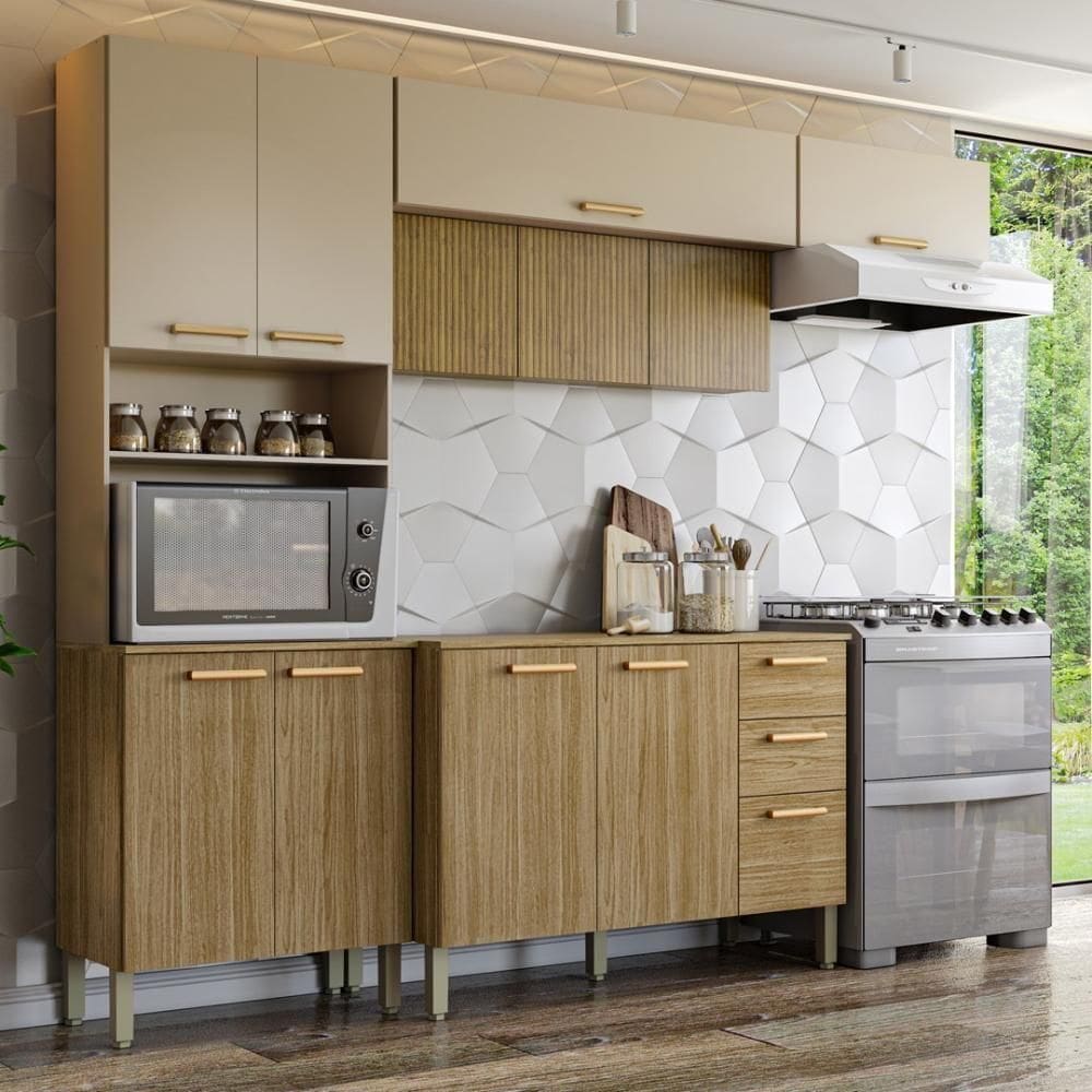 Armário De Cozinha Completa Com Balcão Com Tampo 12 Portas Urbane Freijó Vanilla Com Ripado