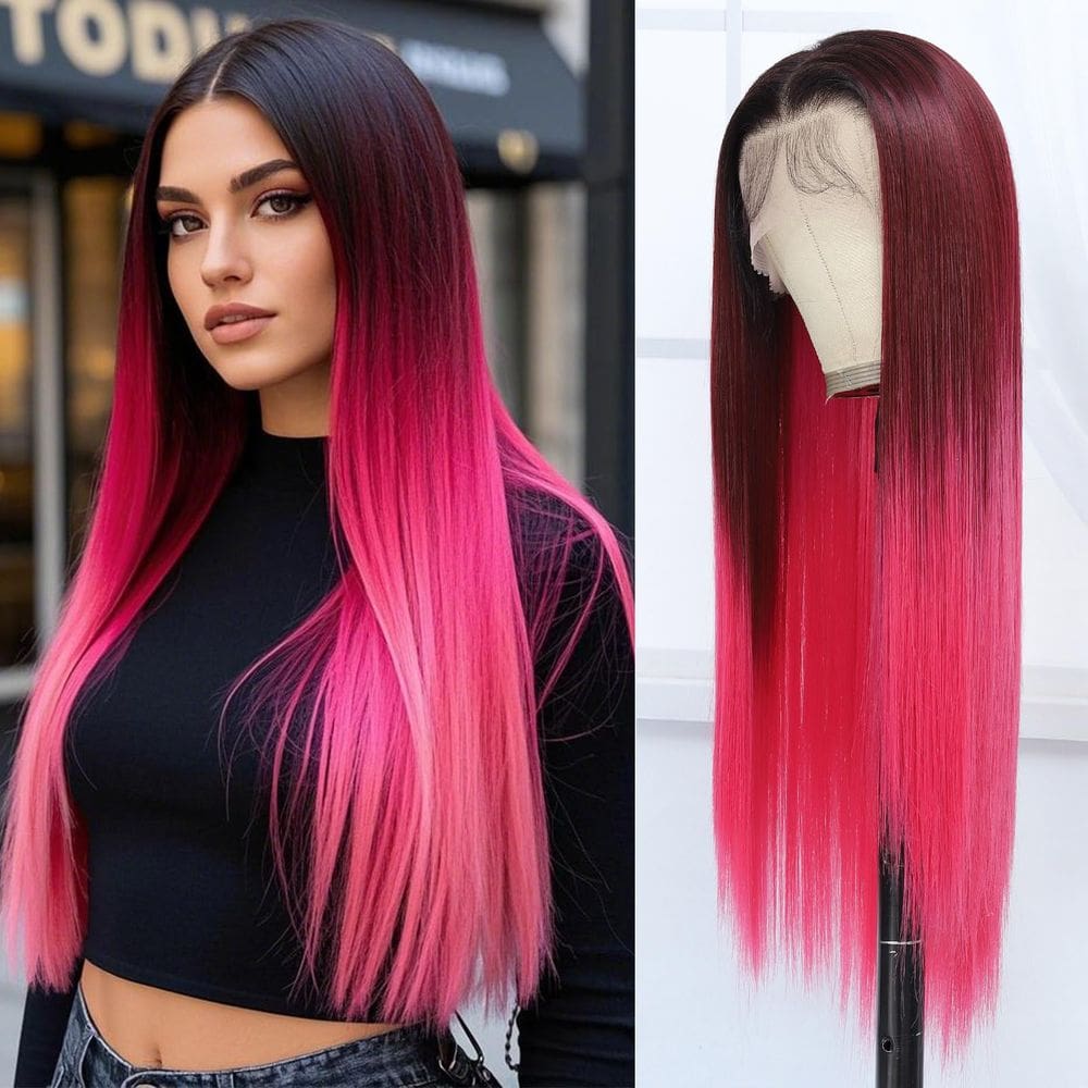 Peruca frontal de renda sintética Amarlis Glueless 13x6 66cm rosa