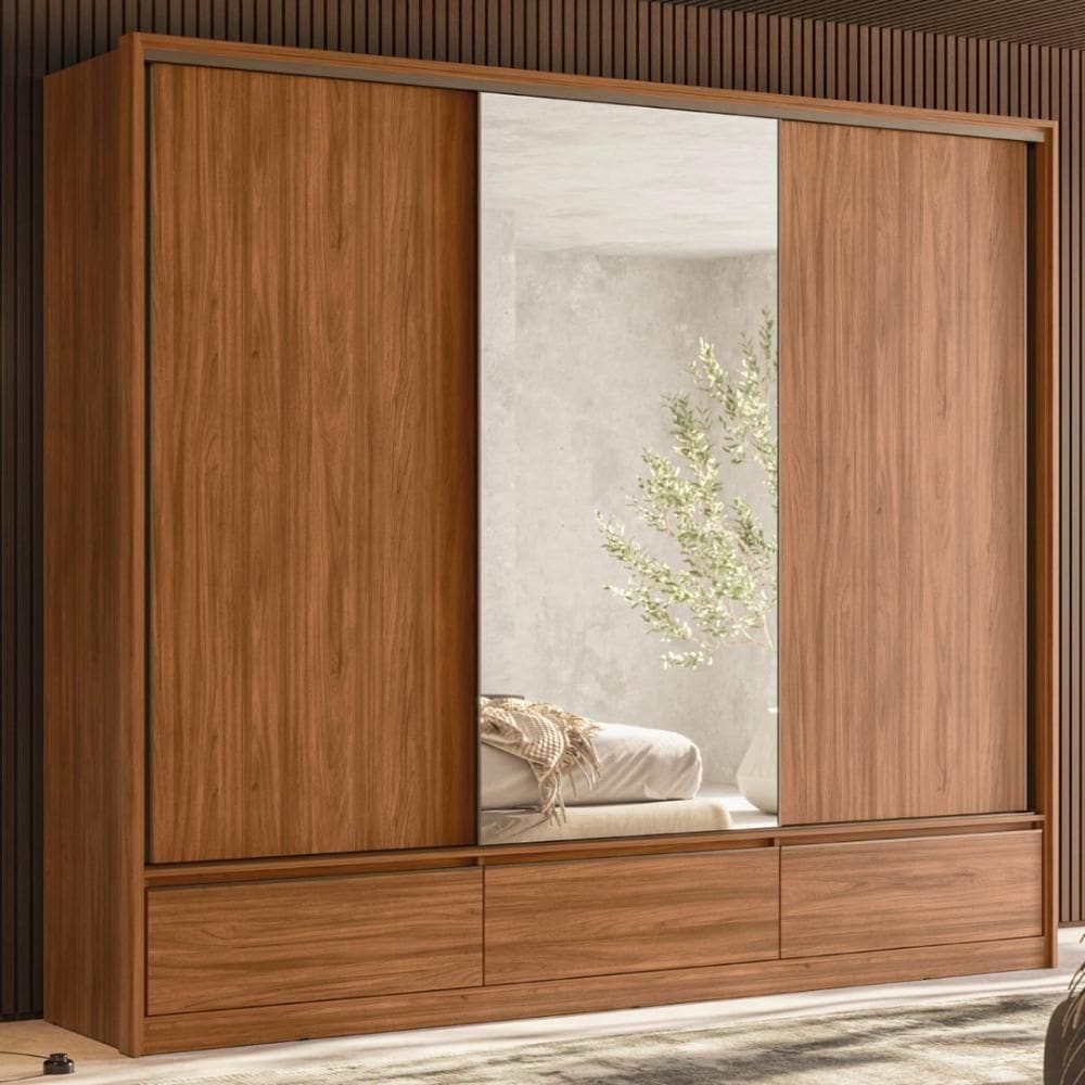 Guarda Roupa Casal 3 Portas Com Espelho E 7 Gavetas Lounge Nogueira Preto Prime Tx