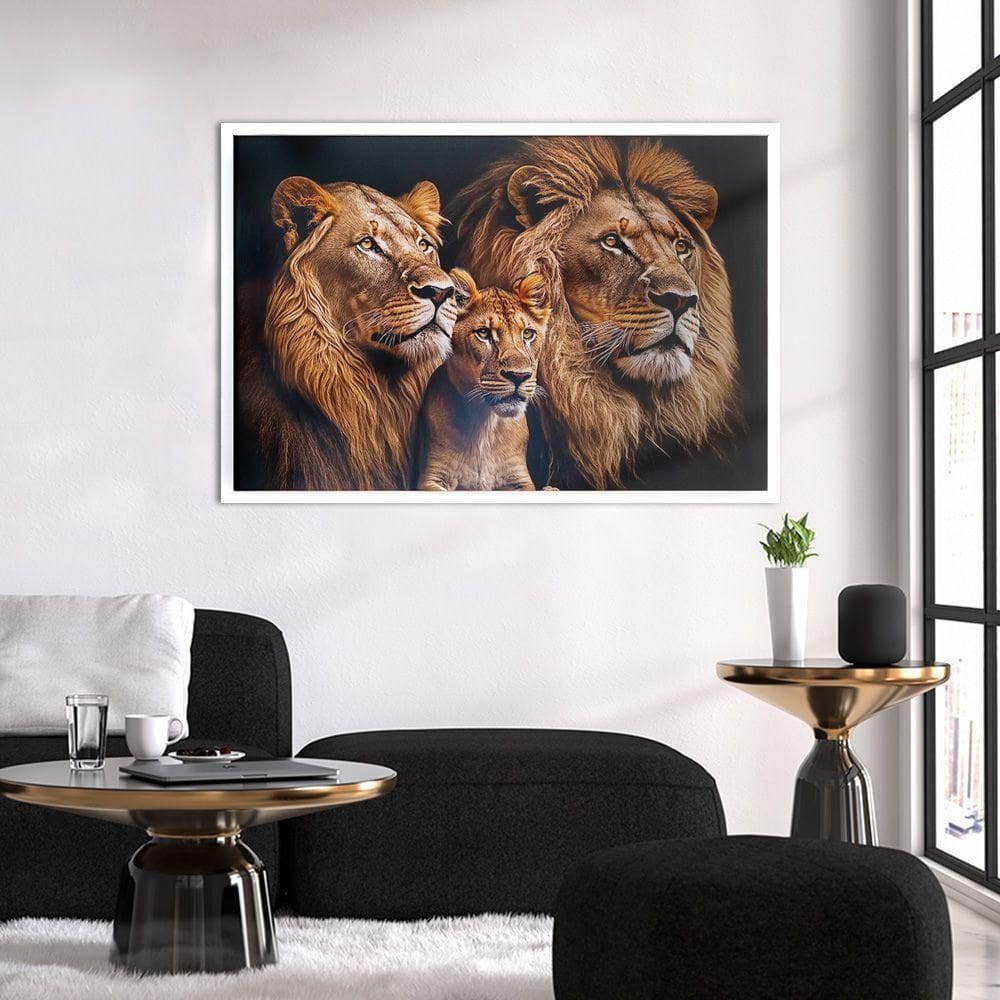 Quadro Decorativo Leões Moldura Cx Alta 100x66 Titulos Moldura Branca