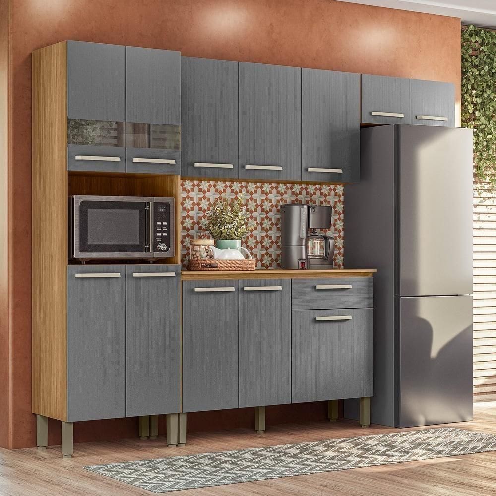 Armário De Cozinha Completa Mdf 12 Portas Com Balcão Versalhes Plus Freijó Gris