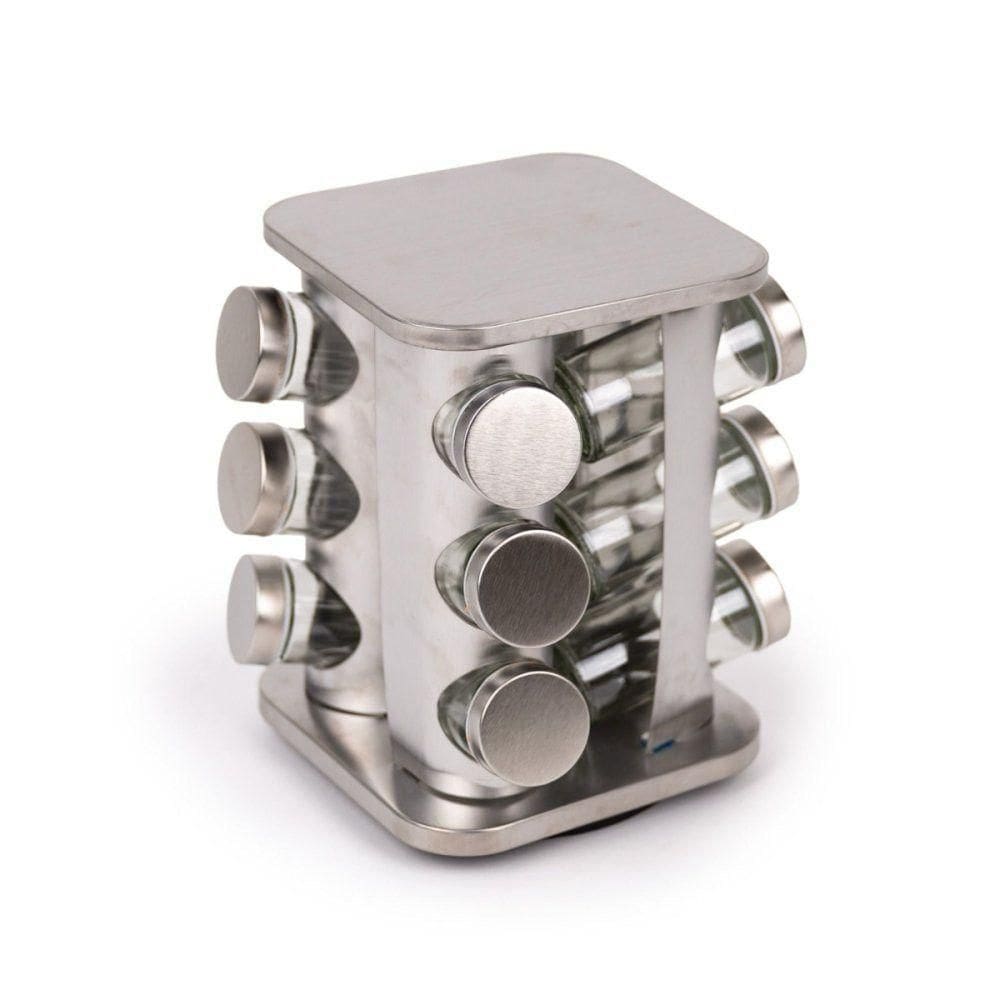 Porta Condimentos E Temperos Giratório Com 12 Potes Em Aço Inox E Vidro