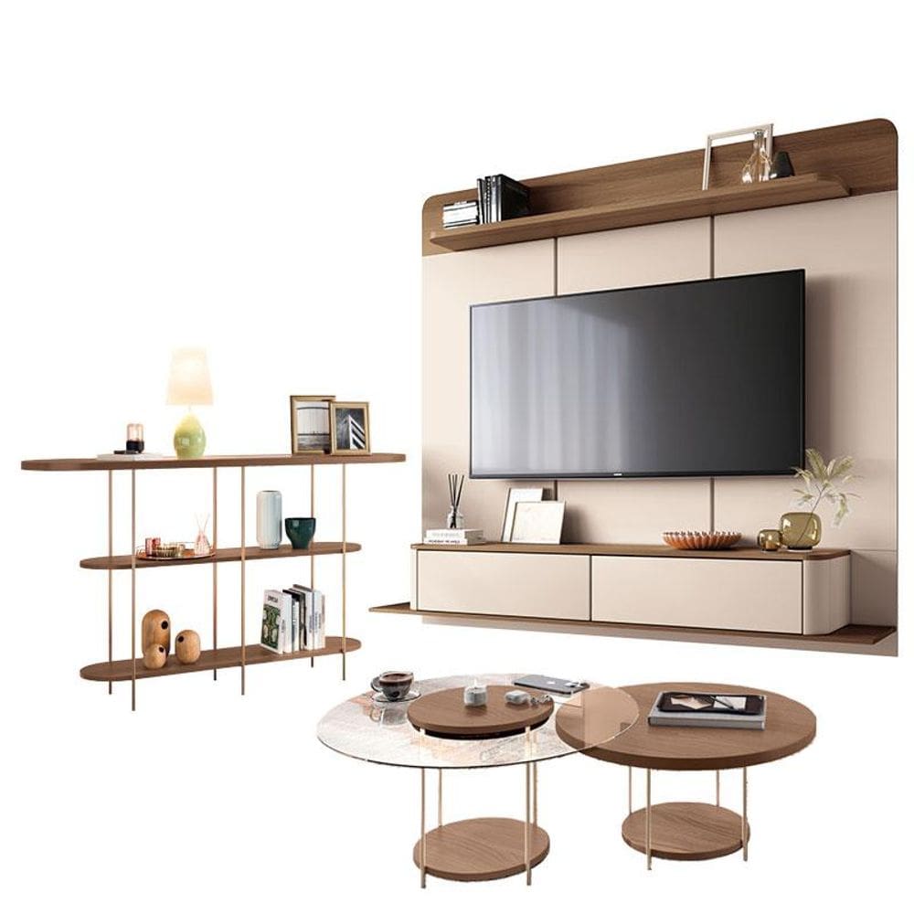 Home Suspenso Galax Castanho Off White e Aparador Infinity e Kit Mesa Sky Castanho- HB Móveis
