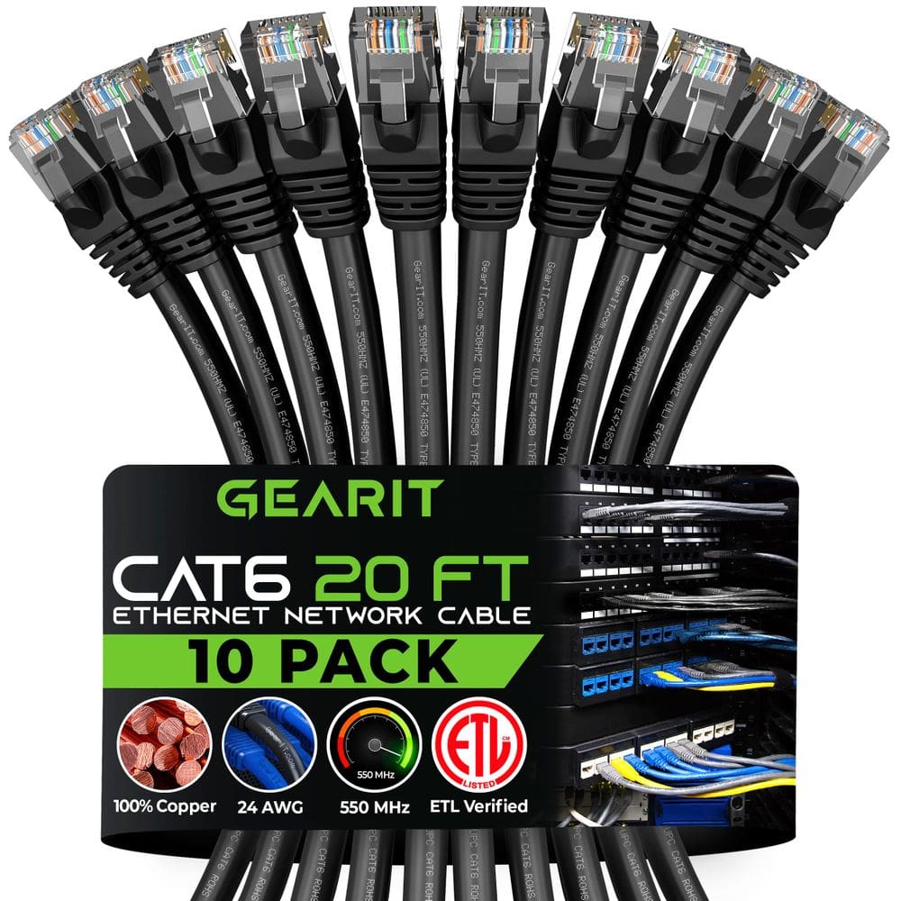 Cabo Ethernet GearIt Cat 6 de 20 pés (6 m) preto, pacote com 10