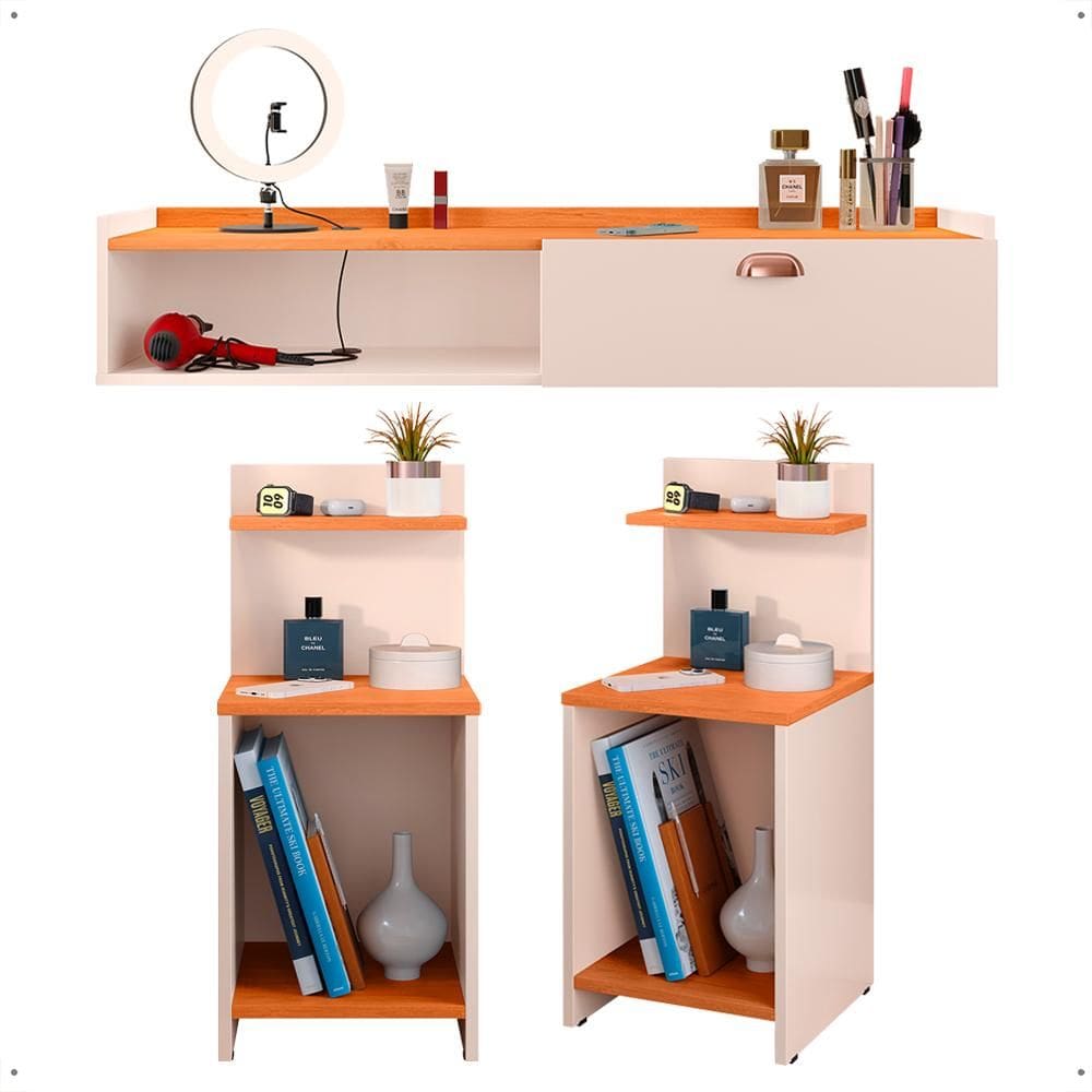 Kit 2 Mesas Cabeceira Mesinha Lateral Fantasy Off White/Cinamomo Penteadeira Suspensa Camarim Decor Puxador Concha Quarto - Lojas RPM
