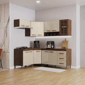 Cozinha Modulada Completa Fidelitá Lisboa 6 Peças 340cm 12 Portas 3 Gavetas Com Tampo Noce/Off-White