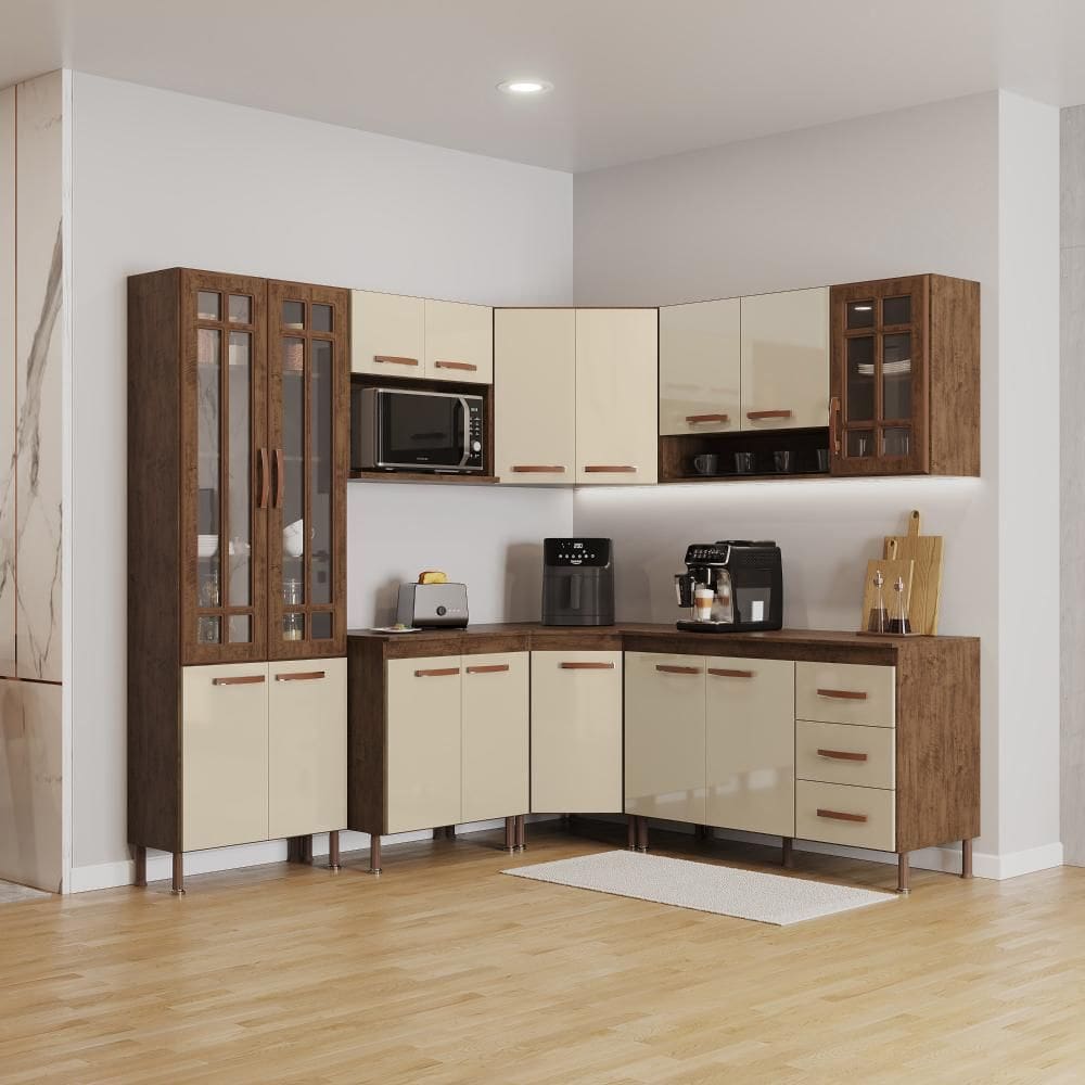 Cozinha Modulada Completa Fidelitá Lisboa 7 Peças 410cm 16 Portas 3 Gavetas Com Tampo Noce/Off-White