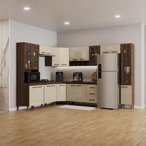 Cozinha Modulada Completa Fidelitá Lisboa 9 Peças 515cm 20 Portas 3 Gavetas Com Tampo Noce/Off-White
