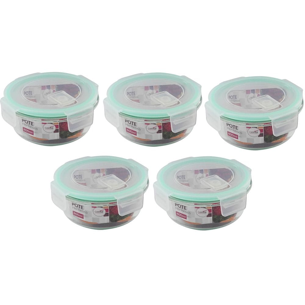 Pote de Vidro 400ml 5 Peças com Fechamento Hermético 4 Travas Marmita Forno ou Freezer Microondas