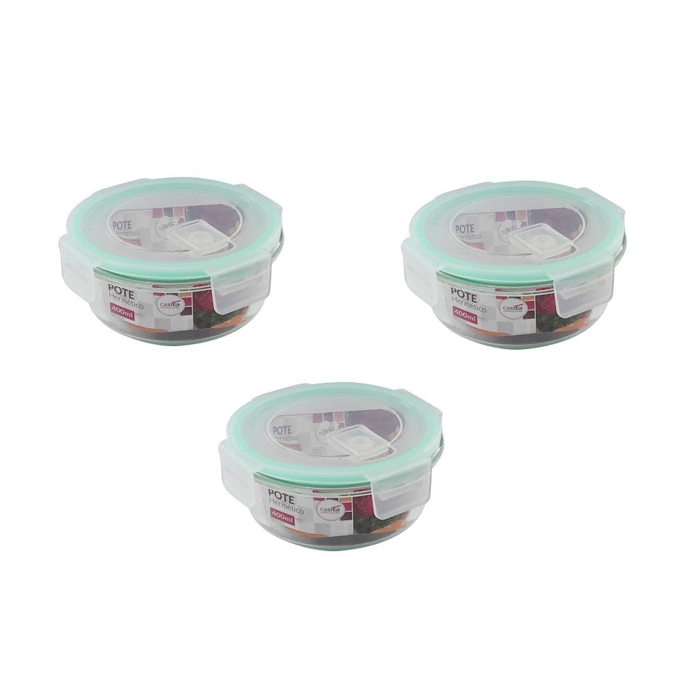 Pote de Vidro 400ml 3 Peças com Fechamento Hermético 4 Travas Marmita Forno ou Freezer Microondas