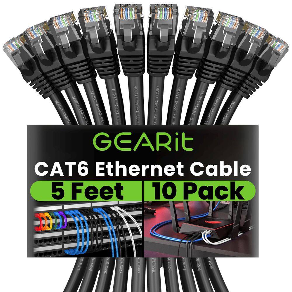 Cabo Ethernet GearIt Cat 6, pacote com 10, 1,5 m, 10 Gbps, RJ45, preto