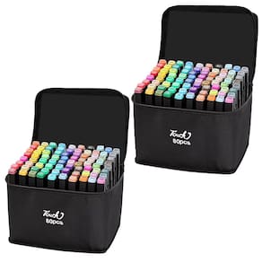 Caneta Canetinhas Estojo 80 Cores Kit 2 Uni Marcador Ponta Dupla Desenho Arte Pintura Profissional