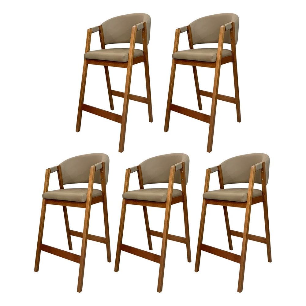 Kit 5 Banquetas Alta de Madeira Amêndoa Ravena Estofada Monterey Bege