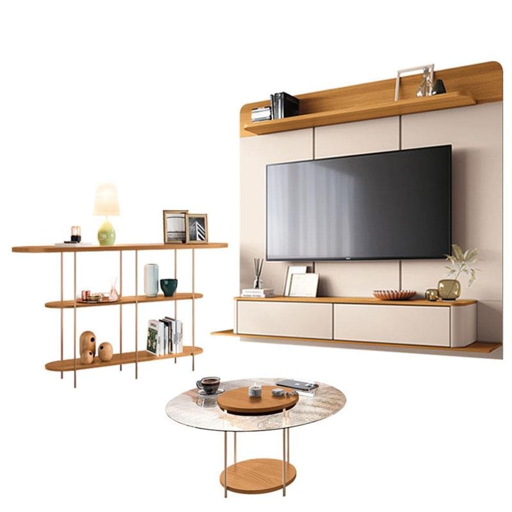 Home Suspenso Galax Cinamomo Off White e Aparador Infinity e Mesa Sky com Tampo De Vidro Cinamomo- HB Móveis