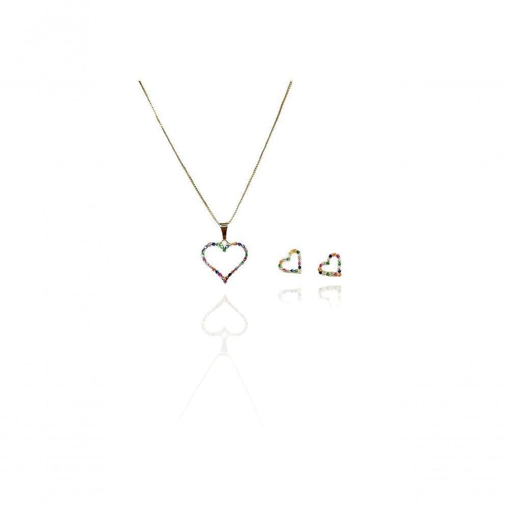 Conjunto Corações Com Zircônia Colorida Banhado Em Ouro 18k