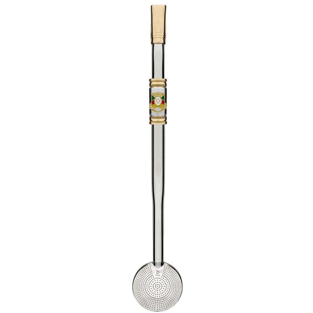 Bomba de Chimarrão Inox 24cm Mil Furos Brasão Bojo Rosca Escovinha Bortonaggio