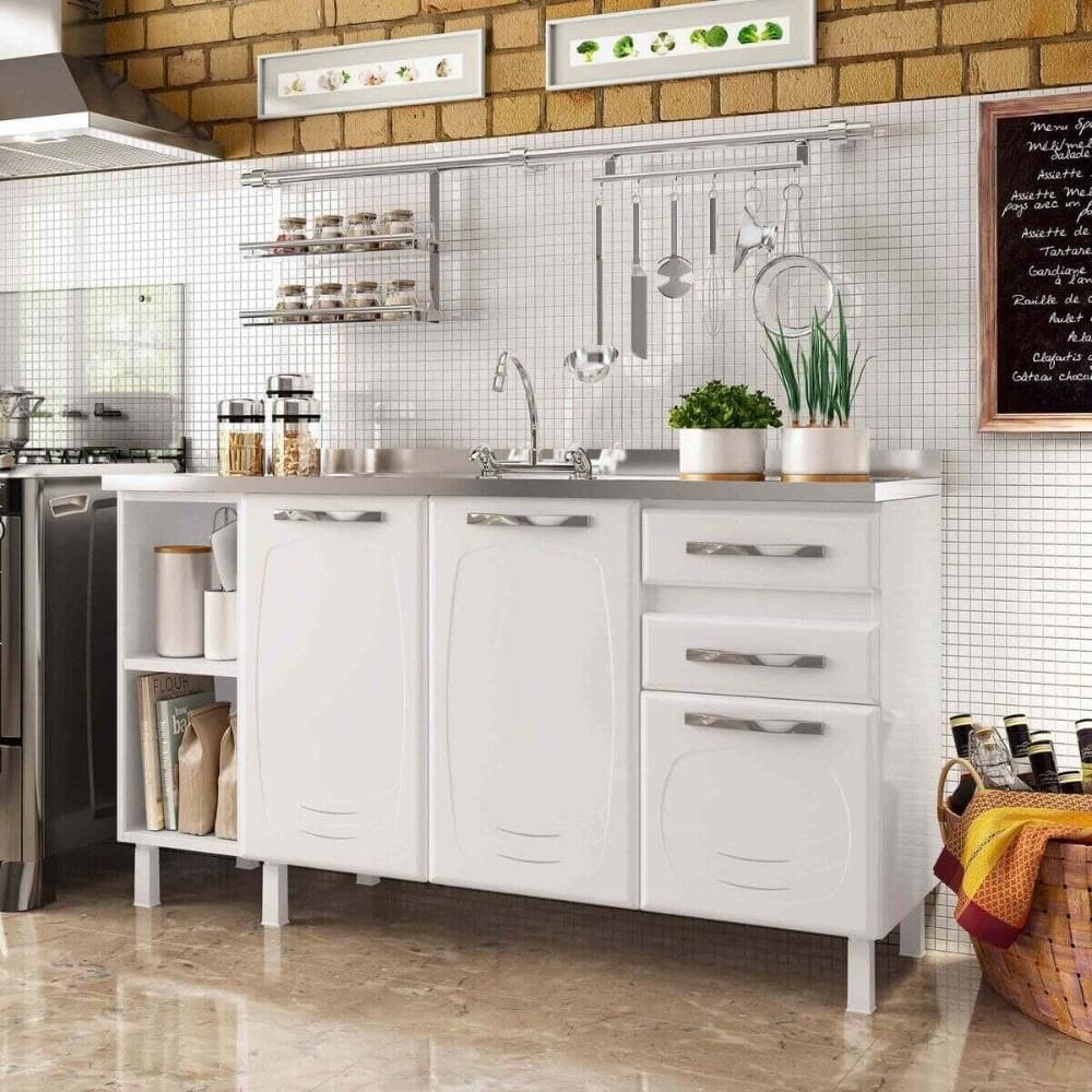 Balcão de Cozinha de Aço Gabinete para Pia 3 Portas 2 Gavetas 150cm Multimóveis CR20355