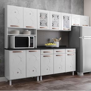 Cozinha Completa Modulada de Aço 4 Peças com Vidros e Balcão Multimóveis CR20353
