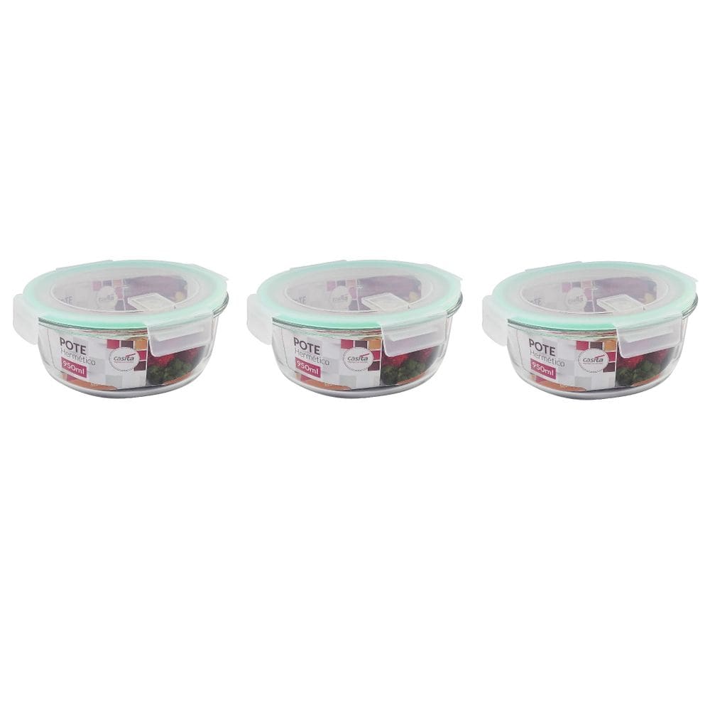 Pote de Vidro 950ml 3 Peças com Fechamento Hermético 4 Travas Marmita Forno ou Freezer Microondas