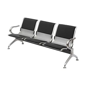 Longarina Estofada 3 Lugares Montreal OrDesign 173cm(larg) PU Preto Aço Cromado Pintura Cinza Braços