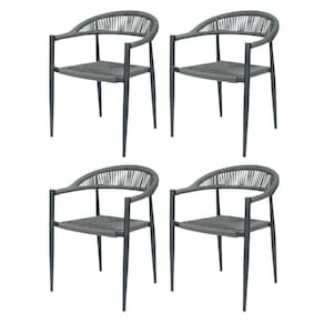 Kit 4 Cadeiras Empilhável Laguna Trancoso Fratini Aluminio Preto Assento Trama Corda Náutica Preto