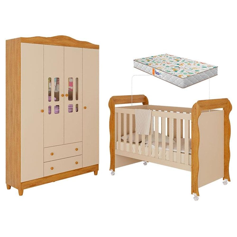 Berço Americano Mirelle e Guarda Roupa Infantil Ariel 4 Portas Off White Bétula com Colchão Gazin– Carolina Baby