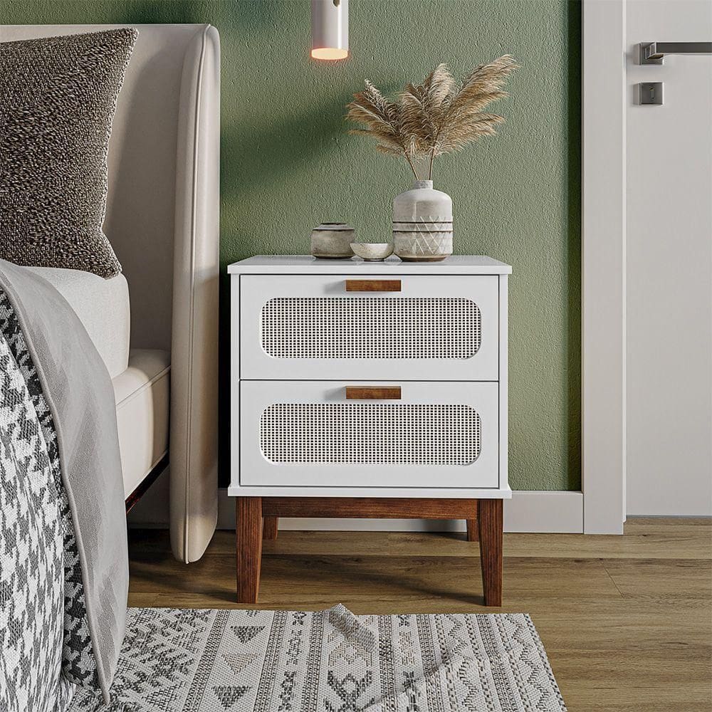 Mesa De Cabeceira 2 Gavetas Santorini Branco 45 Cm Palhinha Indiana - Branco