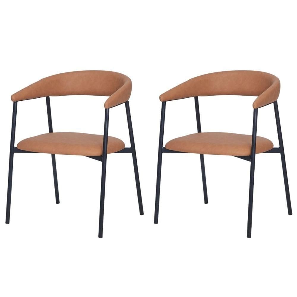 Kit 2 Cadeiras com Braço Chamonix Olivia Fratini Estofado PU Caramelo Base Aço Carbono Preto