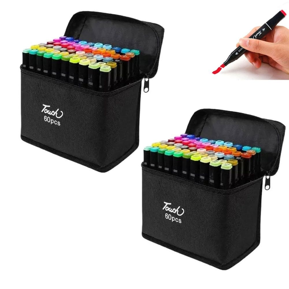 Caneta Marcador 60 Cores Estojo Canetinhas Ponta Dupla Kit 2 unidades Bolsa com Alça Desenho Pintura Trabalho Curso Escola Cartaz Arte