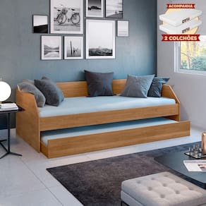 Bicama Solteiro Duo Luxo Com Cama Auxiliar Em Mdf Premium Amendoa Com 2 Colchões