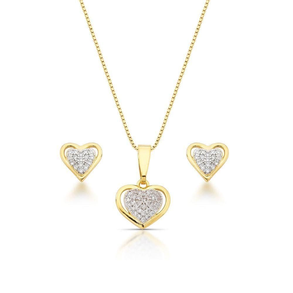 Conjunto Colar E Brinco Coração Com Zirconias Banhado Ouro 18k