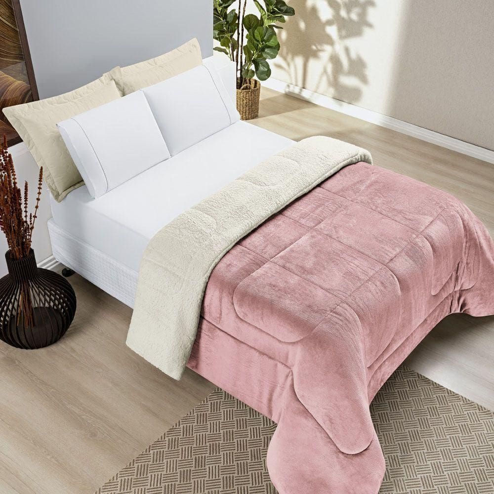 Coberdrom Casa Scarpa Apollo Queen Sherpa Pele De Carneiro + Manta Flannel - Rosa